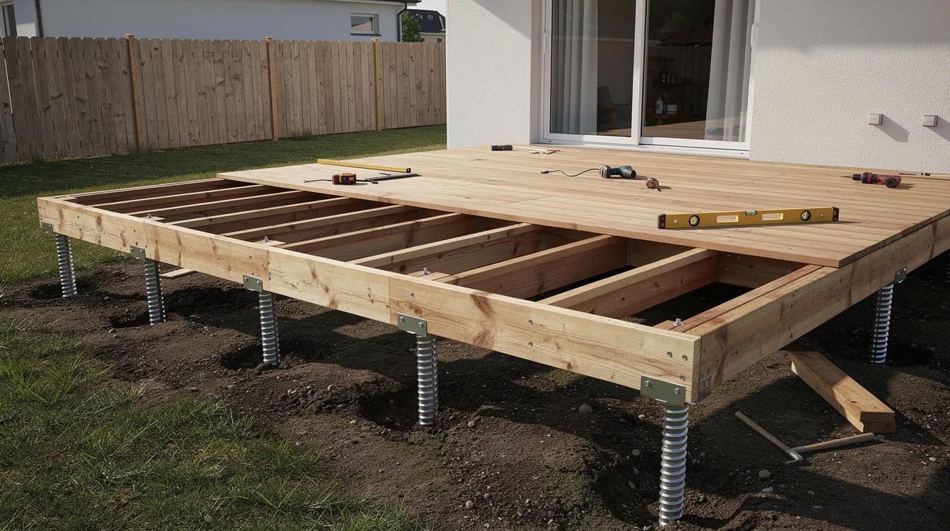 Une cour arrière en construction présente une terrasse en bois sur des pieux vissés, offrant une solution stable pour le projet. Les pieux, installés avec soin, assurent la solidité de la structure tout en s'intégrant harmonieusement dans l'environnement.