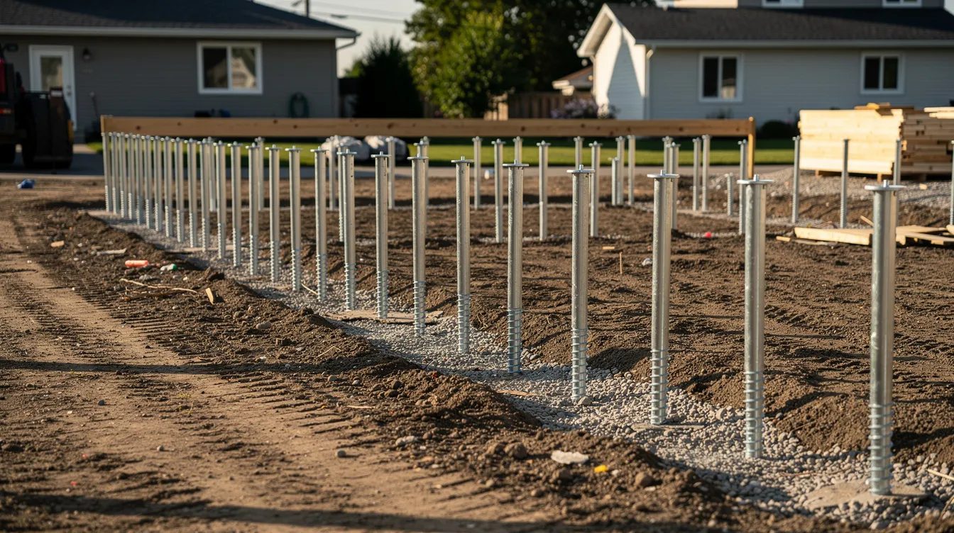 L'image montre des pieux vissés galvanisés soigneusement alignés sur un chantier résidentiel, prêts pour l'installation d'une structure en bois. Ces pieux, essentiels pour assurer la stabilité des fondations, sont visibles sur un sol de chantier, témoignant des préparatifs pour un projet de construction dans la région.