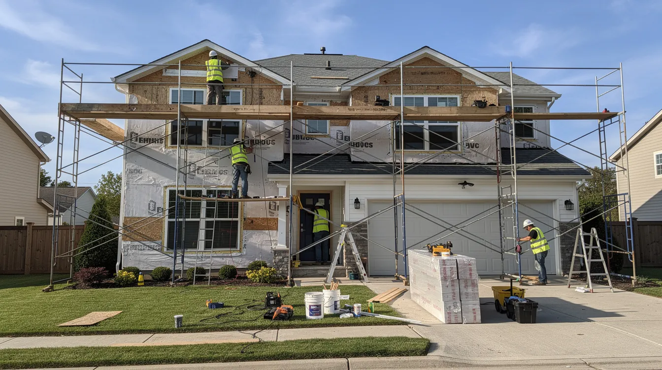 Une maison résidentielle est en cours de rénovation extérieure, entourée d'échafaudages et de travailleurs sur le site. Ce projet de rénovation nécessite l'intervention d'un entrepreneur en rénovation pour garantir la sécurité et la qualité des travaux.
