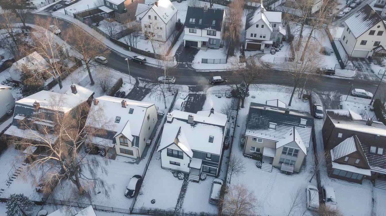 Cette image montre une vue aérienne d'un quartier résidentiel en hiver, mettant en évidence différents types de toitures, notamment des toits en bardeaux et en tôle. On peut apercevoir des maisons aux toits variés, ce qui soulève des questions sur le coût et le prix d'une toiture au Québec, ainsi que sur les matériaux utilisés pour leur construction.