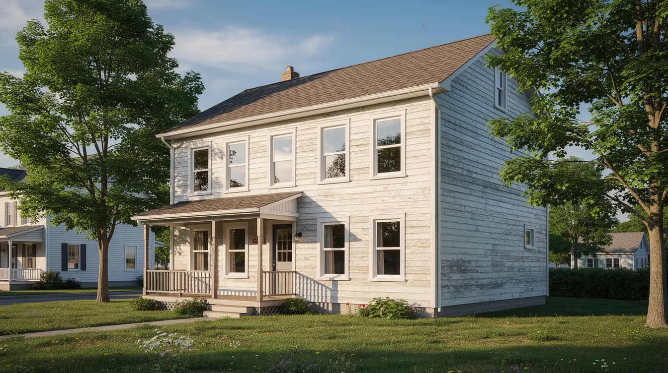 Une maison québécoise à deux étages est visible en été, présentant des fenêtres neuves blanches qui ajoutent une touche moderne à son extérieur. Ce projet de rénovation met en avant l'importance du remplacement de fenêtres pour améliorer le confort et l'efficacité énergétique du domicile.