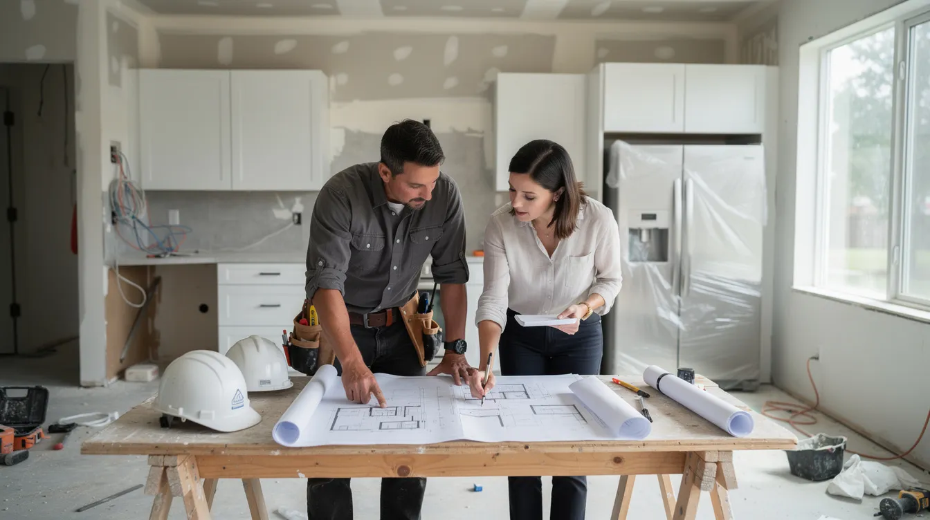 Dans cette image, un entrepreneur et un propriétaire examinent attentivement des plans de rénovation dans une cuisine en cours de travaux, discutant des options pour améliorer l'espace et répondre aux besoins de la famille. L'atmosphère est concentrée, reflétant les décisions importantes liées à leur projet de rénovation.